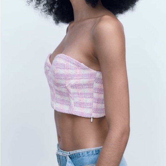 Zara NWOT pink / purple / white bustier tweed textured crop top - Picture 3 of 7
